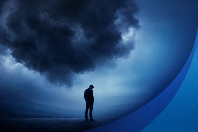 Uma representação visual da ansiedade como nuvens escuras pairando sobre a silhueta de um homem.