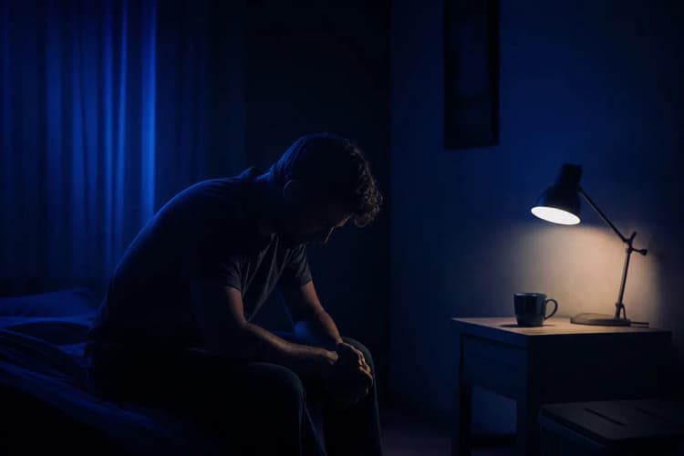Um homem sentado sozinho em um quarto escuro, com as costas curvadas.