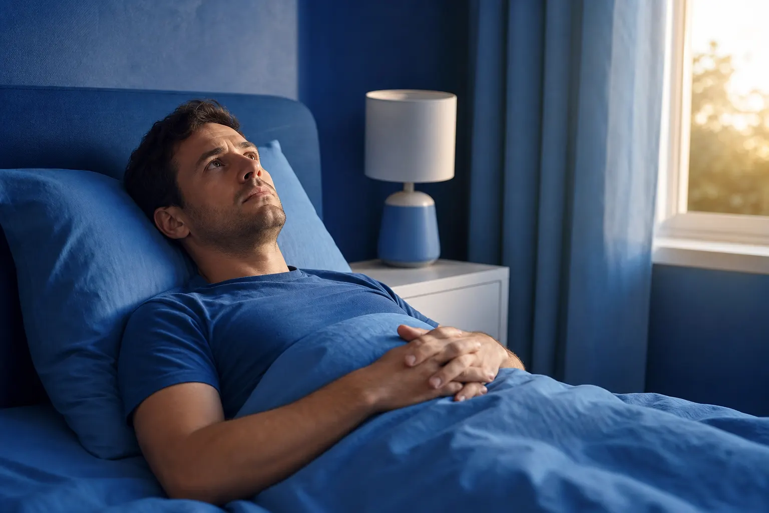 Um homem deitado em uma cama, olhando para o teto com expressão preocupada.