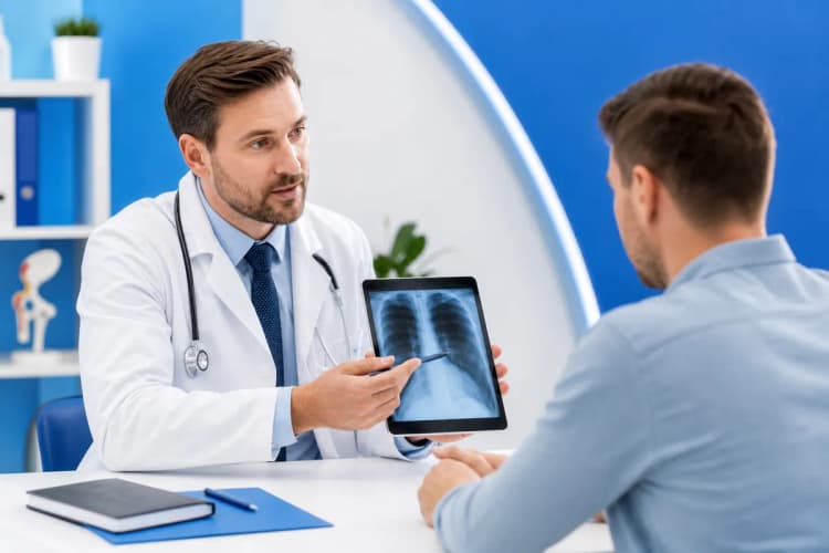Médico explicando resultados de exame para paciente, com foco em um prontuário fechado.