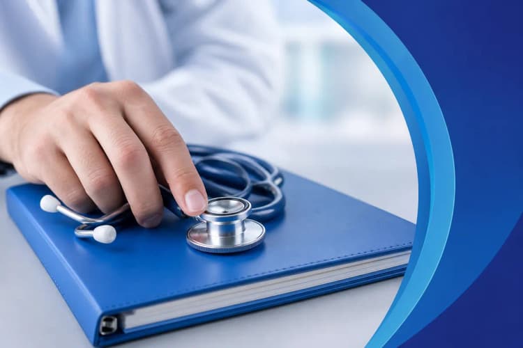 Mão de médico segurando um estetoscópio sobre um prontuário fechado.