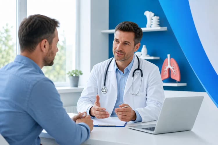Paciente conversando com médico em consultório, com foco no prontuário fechado sobre a mesa.