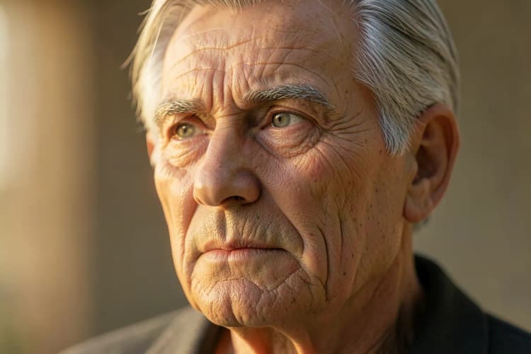 Um close-up de um homem mais velho com rugas visíveis, olhando pensativamente para o lado.