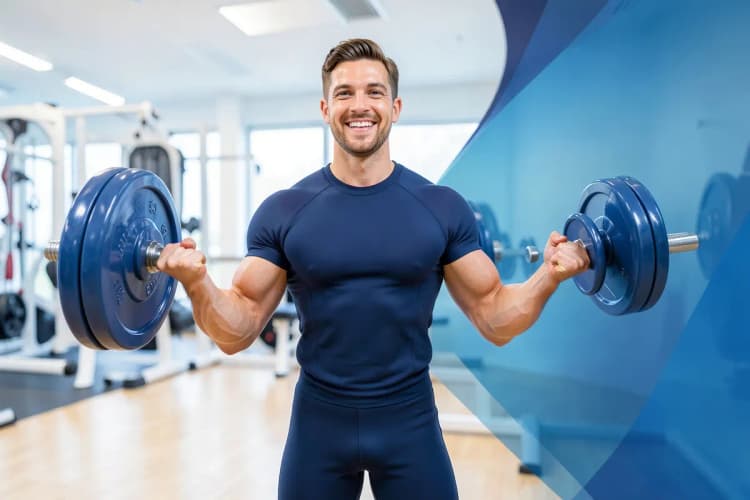 Homem sorrindo e levantando peso em uma academia.