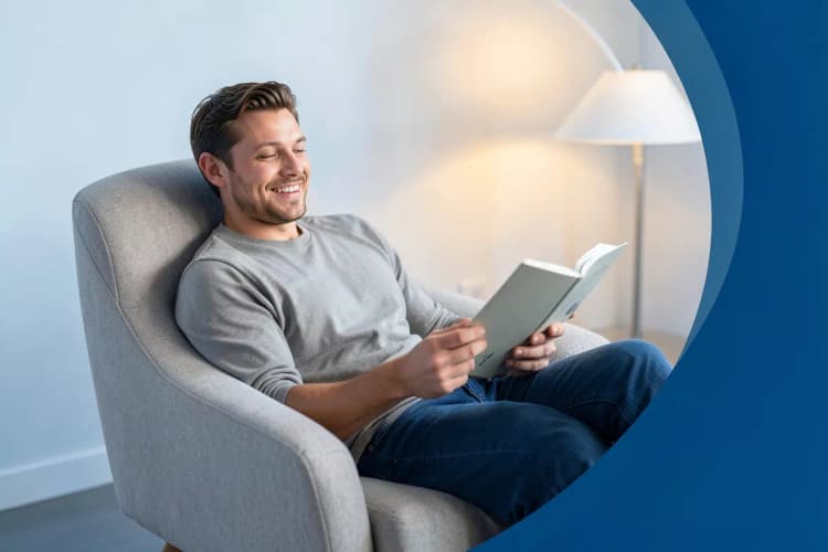 Homem relaxado em uma poltrona, lendo um livro com um sorriso.