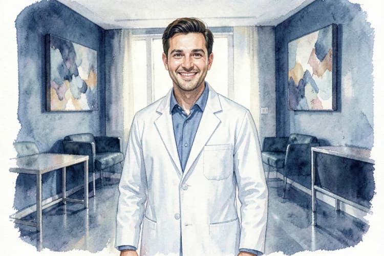 Um médico urologista sorrindo para a câmera em um consultório médico.