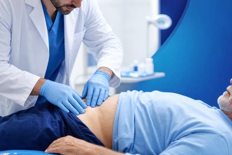 Close-up de um médico urologista examinando um paciente mais velho
