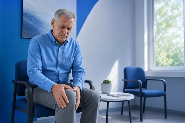 Homem mais velho sentado em uma sala de espera de consultório médico, com expressão de desconforto