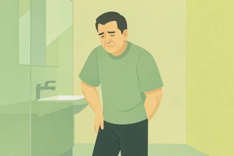 Homem de meia-idade com expressão de urgência e desconforto ao tentar urinar.