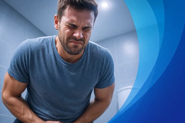 Homem com expressão de desconforto urinando.
