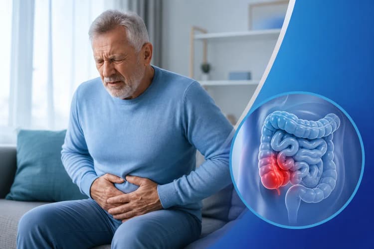 Homem mais velho com a mão na parte inferior do abdômen, expressando dor.