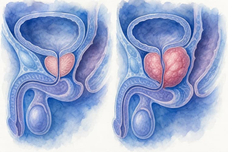 Ilustração esquemática da glândula da próstata humana, mostrando seu tamanho normal e aumentado, com setas indicando a pressão sobre a uretra.