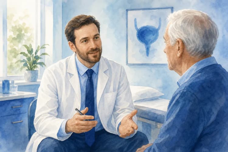 Urologista conversando com um paciente idoso em um consultório médico, com um sorriso tranquilizador.