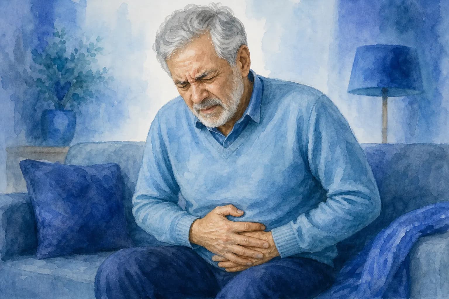 Homem mais velho com expressão de dor, segurando a parte inferior do abdômen, com um fundo desfocado de um consultório médico.