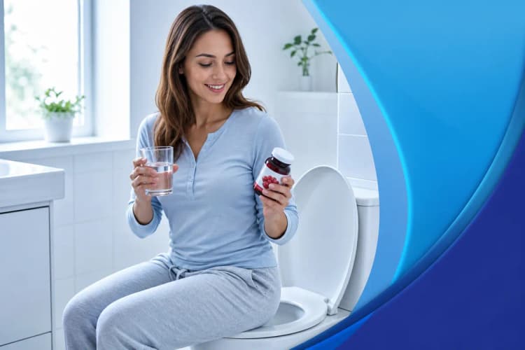 Mulher sentada em um vaso sanitário, bebendo água e segurando um frasco de cranberry.