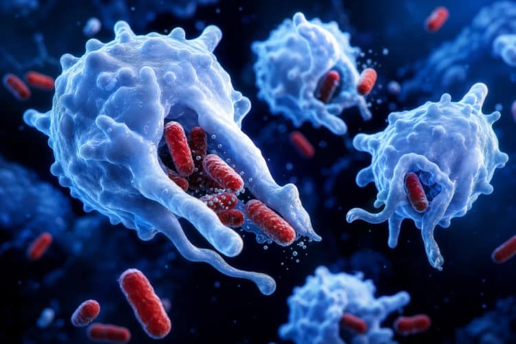 Células do sistema imunológico atacando bactérias em um microscópio.