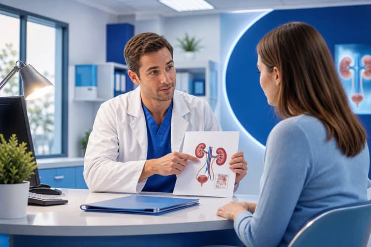 Médico explicando um prontuário para paciente em um consultório.