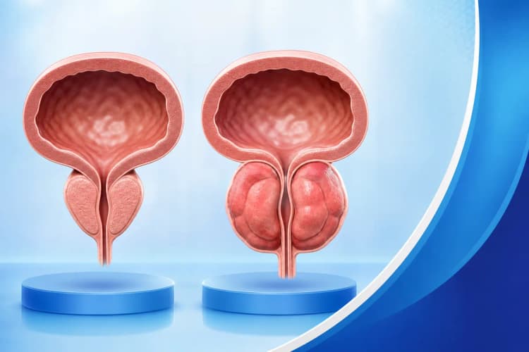 Ilustração médica de uma próstata de tamanho normal em comparação com uma próstata aumentada, destacando a diferença de volume.