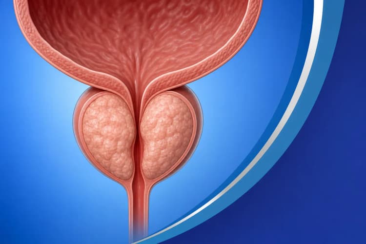 Ilustração médica mostrando o crescimento benigno da próstata (hiperplasia prostática benigna) comprimindo a uretra.