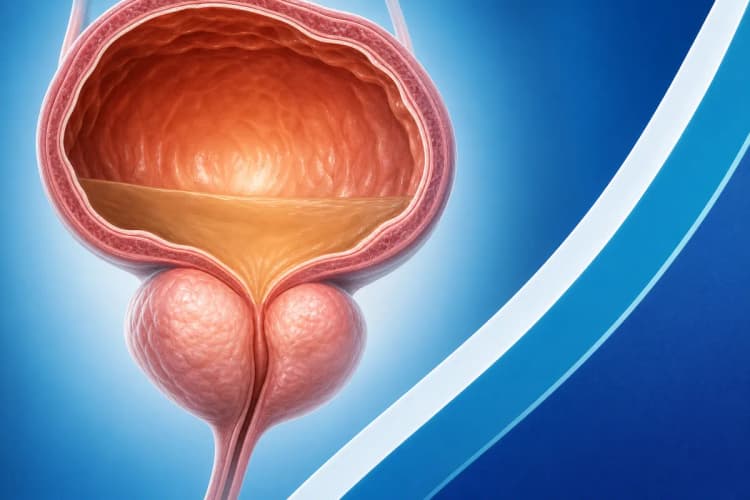 Ilustração médica de uma bexiga com sinais de esforço para urinar devido à obstrução pela próstata aumentada.