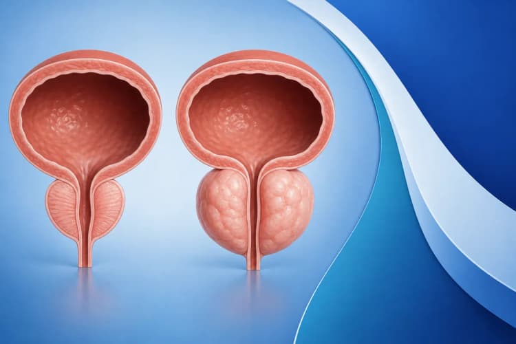 Ilustração médica comparando uma próstata normal com uma próstata aumentada, com foco na ausência de características cancerígenas na próstata normal.