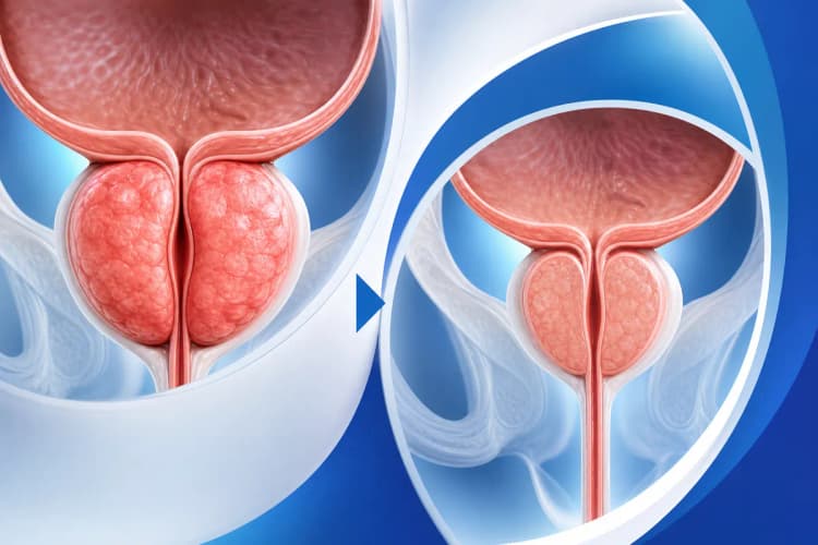 Ilustração médica mostrando a possibilidade de redução do tamanho da próstata aumentada com tratamento.