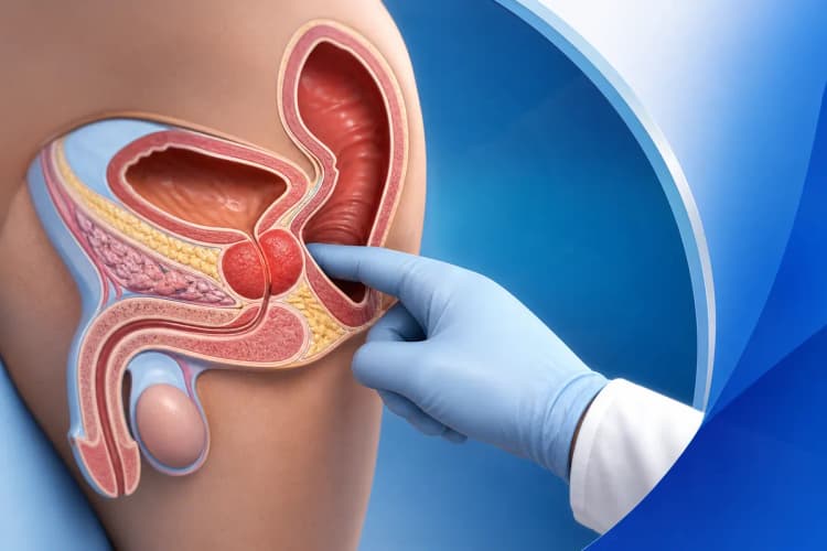 Ilustração médica de um médico realizando o toque retal para avaliar o tamanho e a textura da próstata.