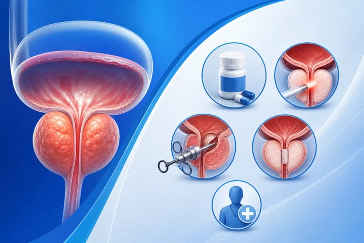 Ilustração médica mostrando diferentes opções de tratamento para próstata aumentada, como medicação e cirurgia.