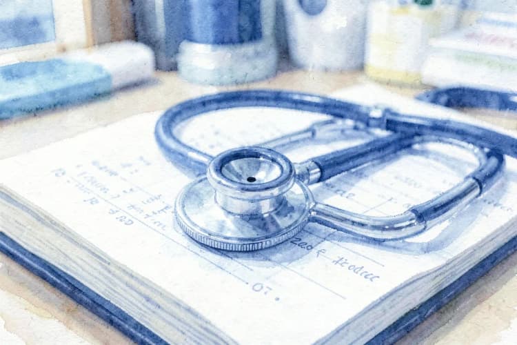 Close-up de um estetoscópio sobre um prontuário médico aberto