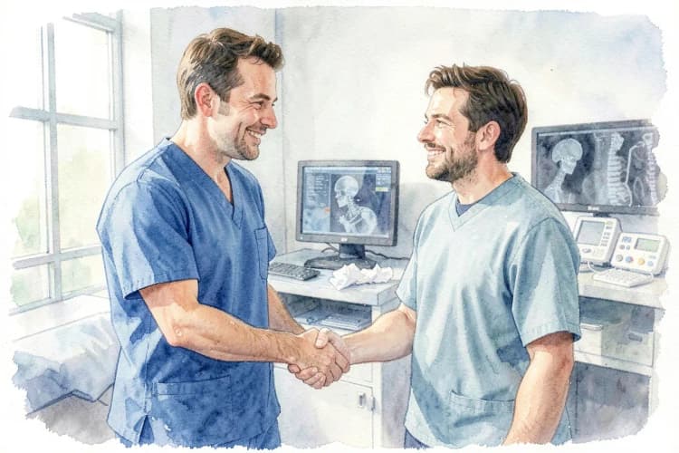 Dr. Ruston Louback apertando a mão de um paciente satisfeito em seu consultório