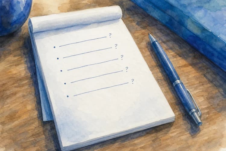 Uma lista de perguntas escrita em um bloco de notas, com uma caneta ao lado.
