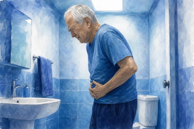 Um homem mais velho sentindo dor ao urinar, em um banheiro.