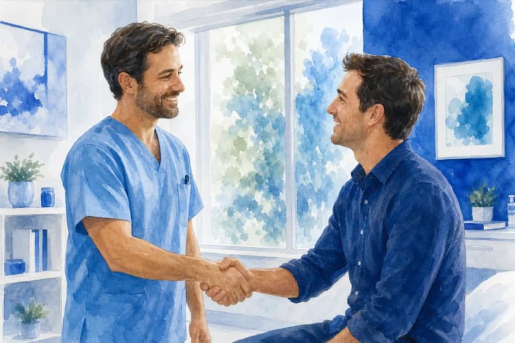 Um médico sorrindo e apertando a mão de um paciente em um consultório médico.