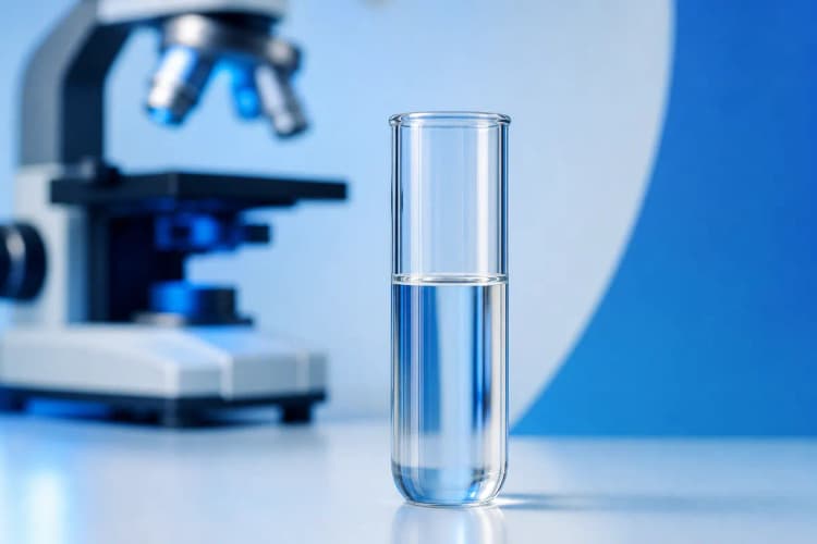 tubo de ensaio com líquido e um microscópio ao fundo