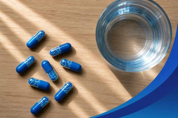 cápsulas de vitamina B12 e um copo d'água sobre uma mesa