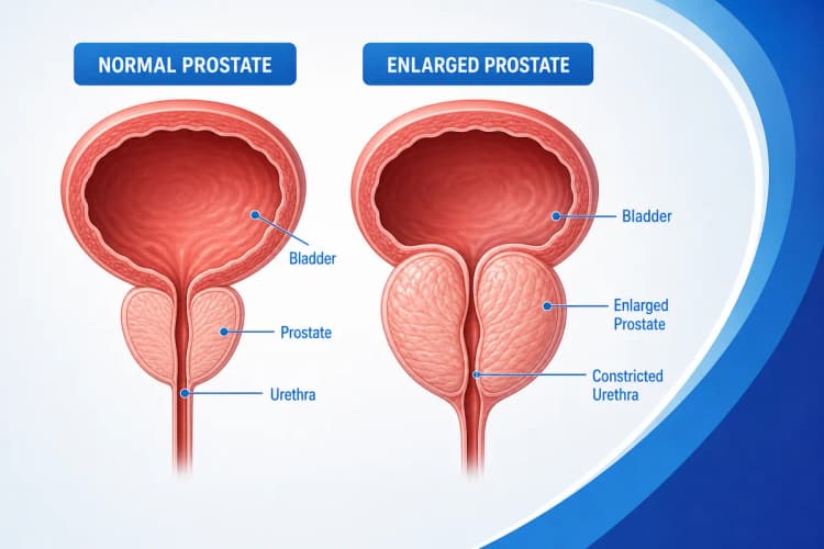 Diagrama esquemático mostrando a próstata normal e a próstata aumentada em corte longitudinal, com a uretra visivelmente comprimida na aumentada.