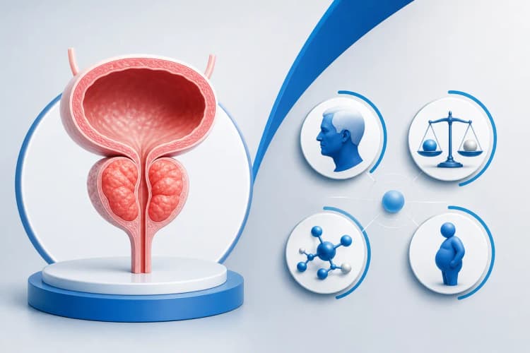 Representação visual de fatores que podem causar o aumento da próstata, como envelhecimento e desequilíbrios hormonais, em um estilo de infográfico.