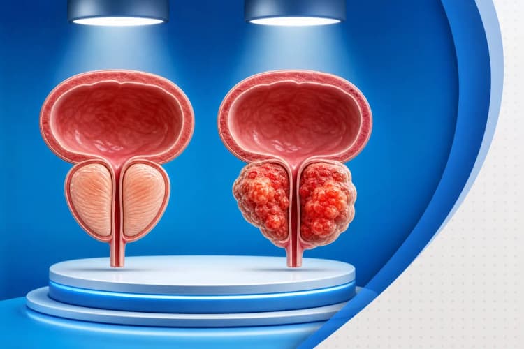 Ilustração médica comparando uma próstata normal com uma próstata com sinais de câncer, destacando as diferenças.