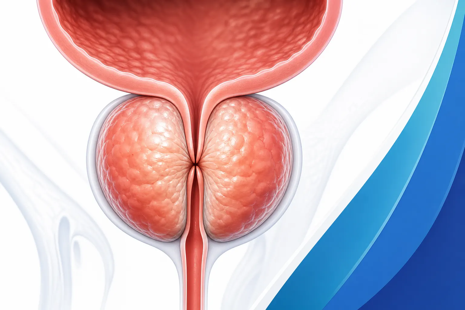 Ilustração de uma próstata aumentada vista de cima, com destaque para a uretra comprimida.