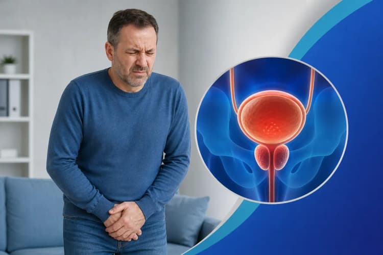 Homem de meia-idade com expressão de desconforto urinário, em plano médio.