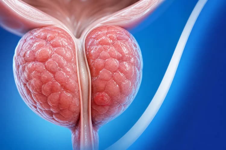 Close-up de uma ilustração médica da próstata destacando a textura lobulada de sua superfície.