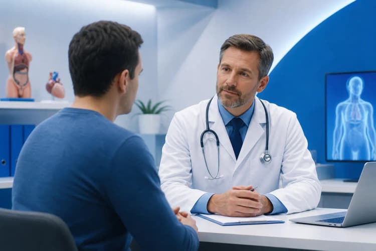 Médico examinando um paciente em consultório, com foco na conversa sobre saúde.