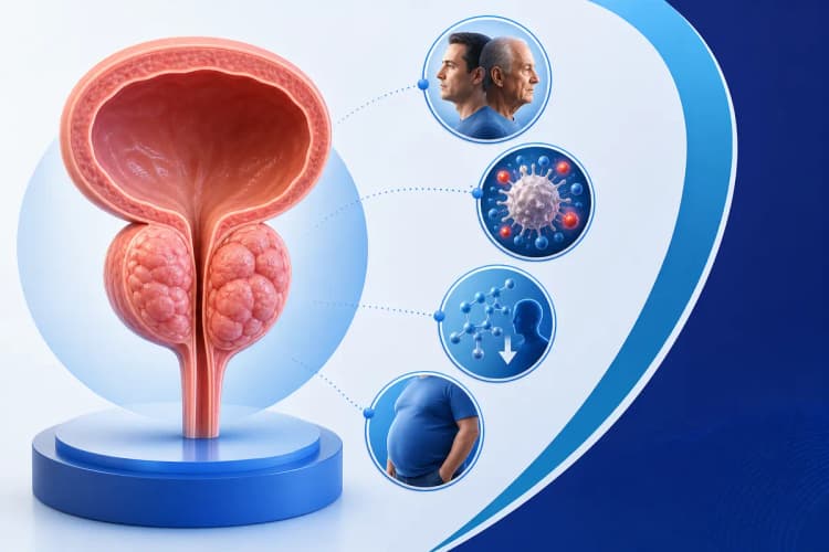 Ilustração mostrando fatores que podem causar aumento e lobulação da próstata, como envelhecimento e inflamação.
