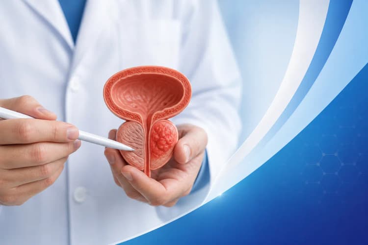 Mãos de médico segurando modelo 3D da próstata, explicando opções de tratamento.