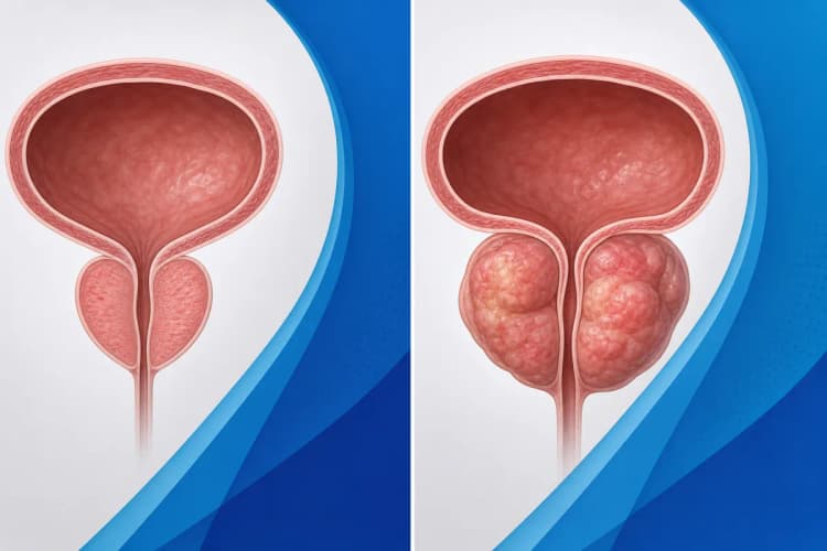 Comparação visual entre uma próstata normal e uma próstata aumentada e heterogênea em ilustração médica.