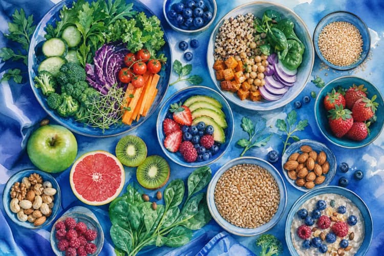 Uma variedade de alimentos saudáveis, como frutas, vegetais e grãos, dispostos de forma atraente.
