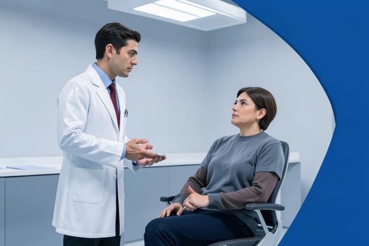 Um médico conversando com um paciente em um consultório.