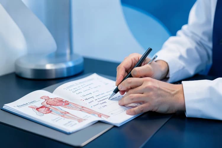 Um urologista examinando um exame em uma mesa em seu consultório.