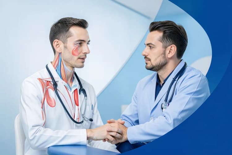 Homem em consulta médica, conversando com um profissional de saúde.