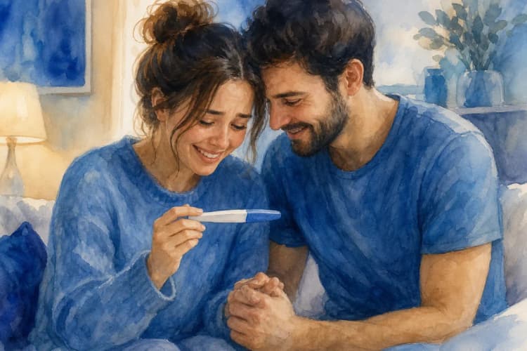 Um casal de mãos dadas olhando para um teste de gravidez positivo, com esperança e emoção.